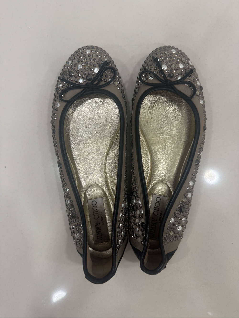 Jimmy Choo Crystal-Embellished Ballet Flats with Black Trim